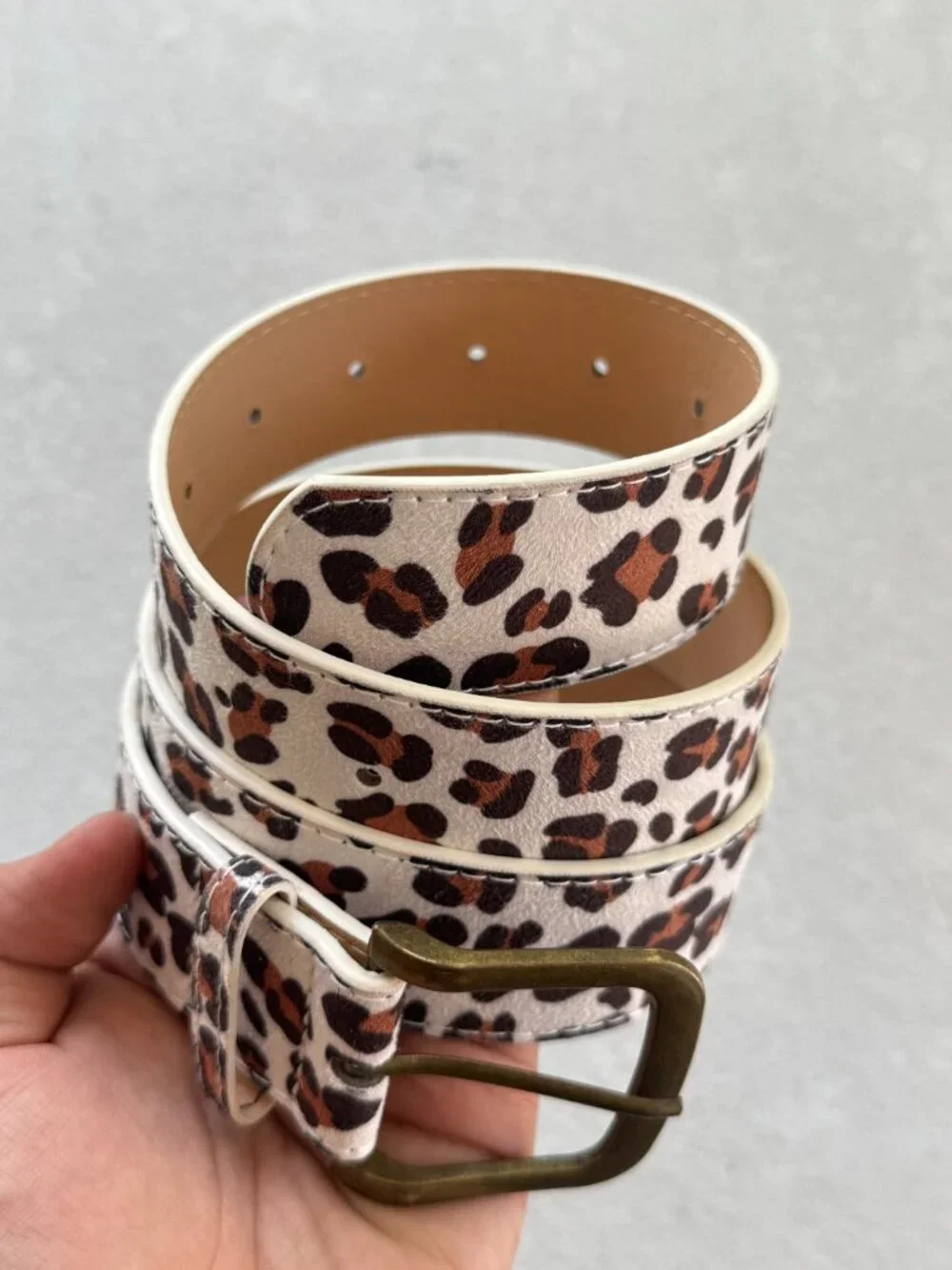 White Cheetah Print Bronze Buckle Unisex Belt